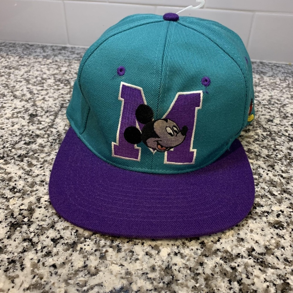 Vintage Disney Mickey Mouse Hat Cap Snap Back One Size Teal Purple Wool Mens